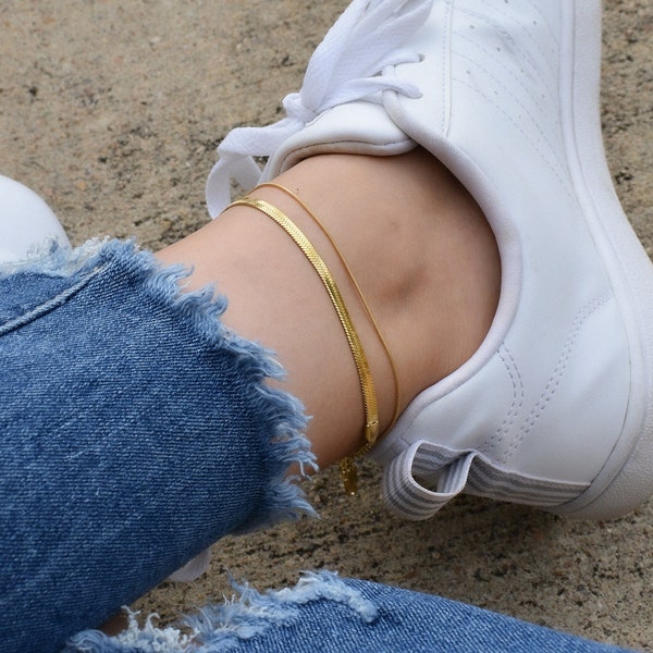Gold Filled Chain Anklet, Herringbone Anklet,  Evil Eye Chain Anklet, Pearl Anklet Waterproof Anklet Women Anklet, Women Jewelry