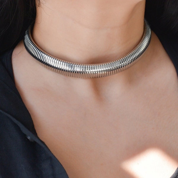 Silver Choker Necklace, Sterling Silver Thick Choker, Woman Choker Necklace Chunky Neck Chain Punk WATERPROOF Jewelry Gift For Him Her Women