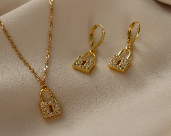 18K GOLD Lock Pendant Lock Necklace Lock Earrings SET WATERPROOF Custom  Necklace Gold Pendant Necklace Gold Earring Personalized Lover Gift