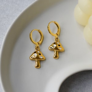 Mushroom Earrings, Unique Mushroom Earrings, Gold Dangle Hoop Earrings, Gold Filled Earrings, WATERPROOF Weird Minimalist Unique Her Jewelry