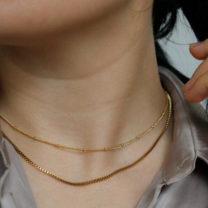 18K Gold Bead Chain, Beaded Necklace, Box Chain Necklace, WATERPROOF Jewelry Stainless Steel Choker Chain Necklace