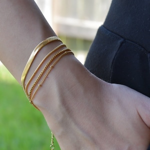 Gold Filled Snake Chain Bracelet, Daily Chain Bracelet, Herringbone, Bead Box Chain WATERPROOF Gold Women Girl Bracelet Anklet Set Jewelry