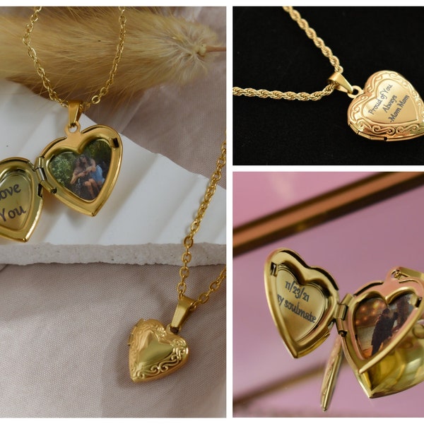 Gold Heart Locket Necklace Big Small Vintage Locket Choker Waterproof Chain Tarnish Free Pendant Best Friend Personalized Gift Mom Her Woman