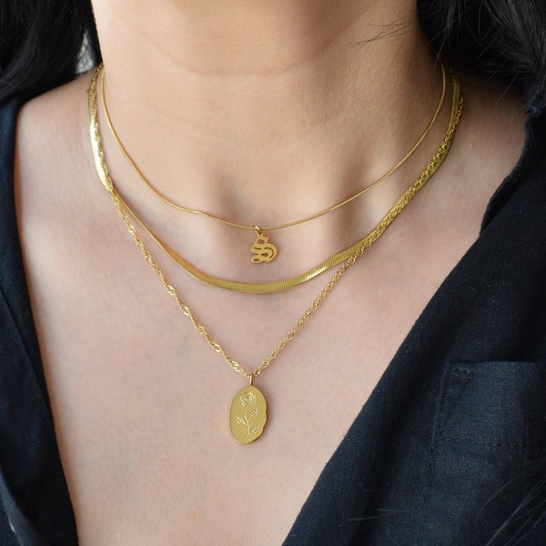 Gold Layered Necklaces 3 pieces Gold Filled Layered Set - Multi Layer Layering Birth Flower Old English Initial Necklace WATERPROOF Jewelry