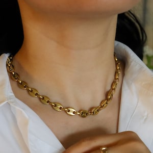 18K Gold Coffee Bean Chains Necklaces For Women Men Punk Hip Hop Stainless Steel Jewelry Pig Nose Link Chains Choker WATERPROOF Necklace