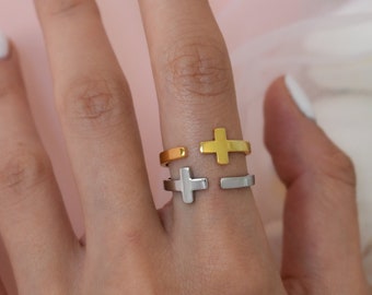 Gold Filled Cross Plus Sign Ring Silver Cross Rings No Size Dainty Religious Jesus Fidget Ring Engraving Statement Thumb Personalized Custom