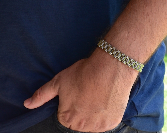 Silver Mens Bracelet, Silver Watchband Watch Chain Bracelet, Mesh Box Chain Customized WATERPROOF Non tarnish Jewelry Dad Men Gift Bracelet