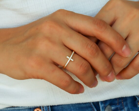 Gold, Diamond Cross Adjustable Ring • Sideways Cross Ring • Dainty Diamond Cross Ring • Minimalist Cross Stacking Ring • Religious Gift