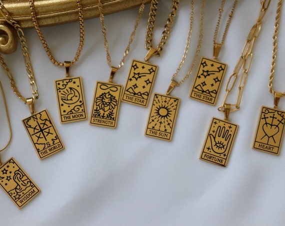 GOLD Square Zodiac Sign Tarot Card Deck Necklace Jewelry Sun Fortune Star Moon Stainless Waterproof NonTarnish Mystic Jewelry, Celestial