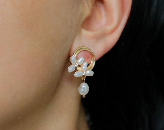 Pearl Huggie Silver Needde Hoops •Pearl Earrings •Pearl Jewelry • Bridesmaids Jewelry Mothers day Gifts Dangle Statement Pearly Hoop Earring