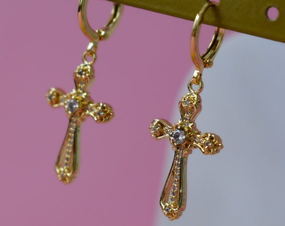 Gold Cross Earrings, Gold Filled Cross Necklace, Religious Jewelry, Gold Filled Chain Necklace, WATERPROOF Jewelry Jesus Jewelry Gift