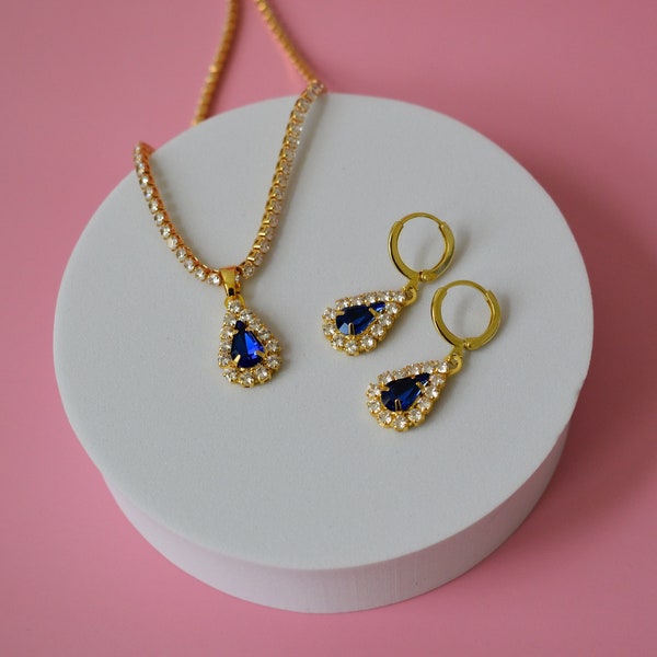 Gold Filled Navy Sapphire Earrings Necklaces • Royal Navy Blue With Diamond, WATERPROOF • Anniversary Women Gift • Emerald • Ruby • Sapphire