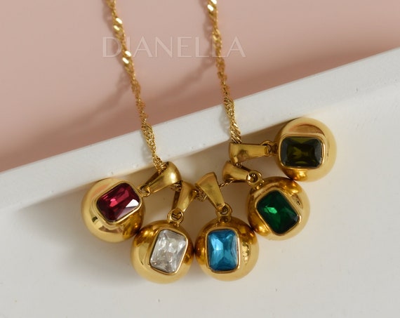 Gold Filled Ball Necklace, Zircon Stone Necklace, Emerald Necklace, Crystal Necklace, WATERPROOF Jewelry Gold Filled Chain Gifts