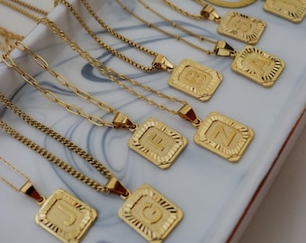 18K Gold Initial Letter Necklace, Medal Gold Initial Letter Pendant Necklace, Square Alphabet Rectangle Medallion Pendant, Personalized