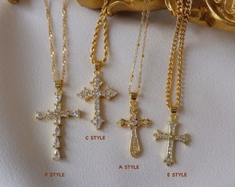 Gold Filled Cross Necklace Gold Religious Cross Charm Unisex Women Men Necklace Stainless Steel Pray Rosary Pendant WATERPROOF Jewelry