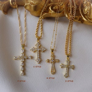 Gold Filled Cross Necklace Gold Religious Cross Charm Unisex Women Men Necklace Stainless Steel Pray Rosary Pendant WATERPROOF Jewelry