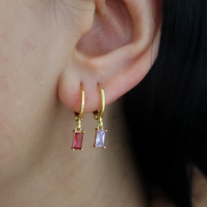 Gold Zircon Stone Earrings · Red White Rectangle Emerald Cut Colorful Zircon Earrings · Dangle Pair Hoop Earrings · Handmade Waterproof Gift