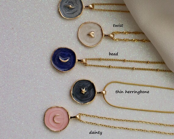 18K Gold Color Coin Necklace Heart Necklace Enamel Stars Moon Necklace Heart Lightning Round Pendant Necklace Chain Necklace Waterproof Gift
