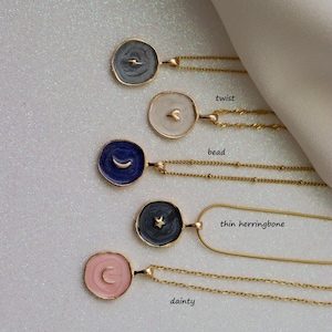 18K Gold Color Coin Necklace Heart Necklace Enamel Stars Moon Necklace Heart Lightning Round Pendant Necklace Chain Necklace Waterproof Gift