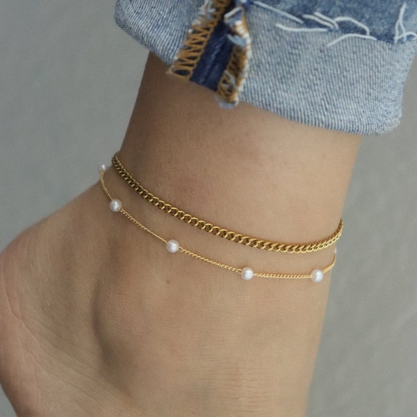 Gold FILLED Freshwater Pearl Anklet, Curby Anklet, Waterproof Anklets Bracelet SET Anti Tarnish Dainty Bracelet Christmas Birthday Gift Her