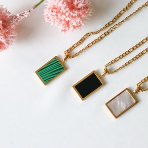 Gold Rectangle Square White Green Black Mother of Shell Pendant Willow Necklace PERSONALIZED Jewelry Figaro Chain WATERPROOF Necklace Gift