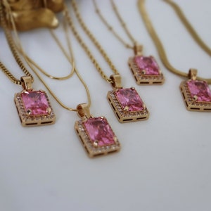 18K Gold Pink Square Pendant European And American Pink Zircon Diamond WATERPROOF Jewelry Stainless Steel Waterproof Necklace Gold Gift