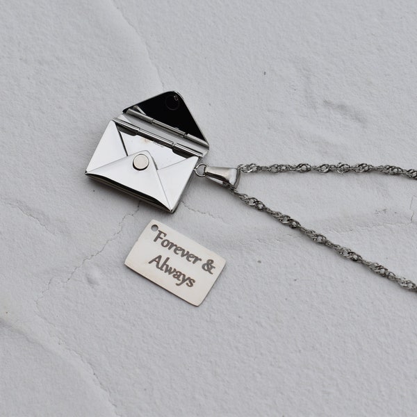 Silver Envelope Locket Necklace, Secret Message Necklace Custom Personalized Mail Letter Best Photo Necklace Jewelry Waterproof Gift For Him