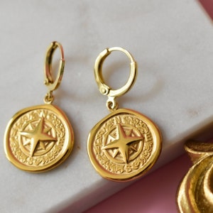 Gold Compass Earrings, Dangle Earrings, Compass Necklace, WATERPROOF Earrings, North West Sign, Personalized Jewelry