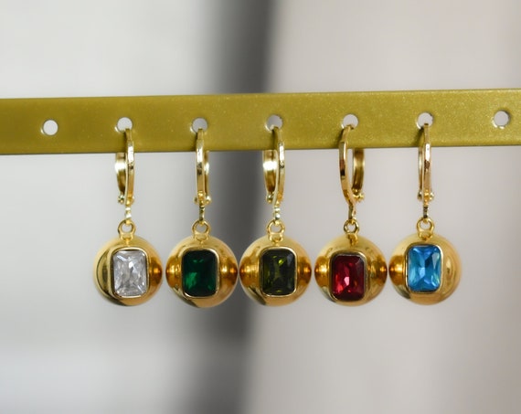 Gold Filled Ball Earrings, Zircon Stone Earrings, Emerald Earrings, Crystal Earrings, WATERPROOF Jewelry Gold Filled Chain Gifts