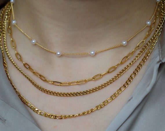 Gold Chain Necklace, Pearl Necklace, Bracelet, Women Choker Necklace, Waterproof Necklace Gold Filled Waterproof Jewelry Anti Tarnish