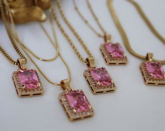 18K Gold Pink Square Pendant European And American Pink Zircon Diamond WATERPROOF Jewelry Stainless Steel Waterproof Necklace Gold Gift