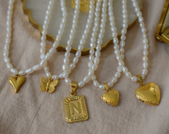 Pearl Initial Necklace, Heart Pendant, Bee Butterfly Charm, Smiley Face Necklace, Gold Waterproof Women Choker Freshwater Choker