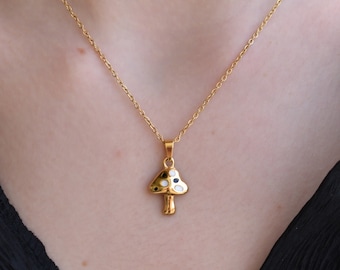 Gold Filled Mushroom Necklace · Mushroom Shaped Black and White Dotted Necklace · Gold Chain Necklaces WATERPROOF Everyday Jewelry Her Gift