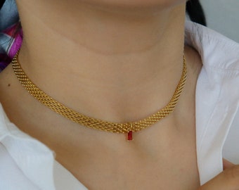 18K GOLD FILLED Mesh Vintage Choker Necklace, Zircon Stone Necklace, WATERPROOF Jewelry Gold Retro Gift Gemstone Necklace Watchband Chain