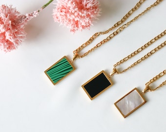 Gold Rectangle Square White Green Black Mother of Shell Pendant Willow Necklace PERSONALIZED Jewelry Figaro Chain WATERPROOF Necklace Gift