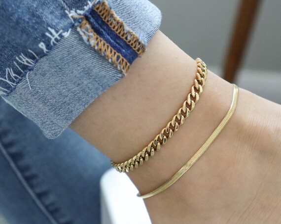 18K Gold Herringbone Snake Chain Anklets For Women Stacking Gold over 316L Stainless Steel WATERPROOF Anklets Anti Tarnish Body Jewelry