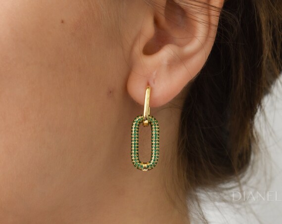 Gold Filled Emerald Zircon Stone Earrings · Wedding JewelryFormal Clip on Earrings · Crystal Green Earrings · Bride Women Gift for Her Women