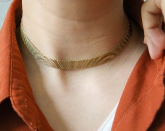 18K Gold Vintage Choker Herringbone Necklace, Mesh Choker Necklace Women, Stainless Steel Waterproof Jewelry