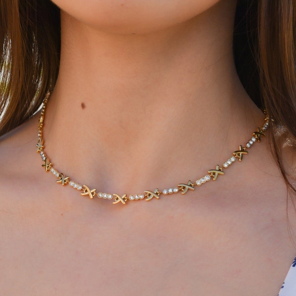 Gold Filled Link Chain Choker, Zircon Gems Choker, XO Link Women Her Necklace Diamond Zircon Bezel Choker WATERPROOF Christmas Gift Handmade