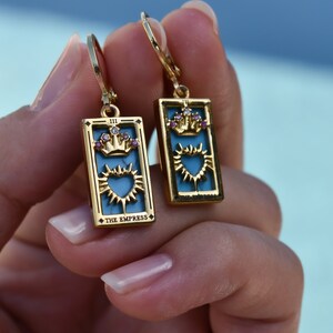 Gold Tarot Card Earrings · Gold Filled Tarot Sun, Lover, Star, Moon, Magician Enamel Earrings, Zodiac Charm WATERPROOF Mystic Jewelry Gifts