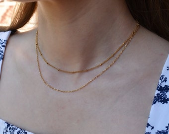 Beaded Duo Chain Gold Dainty Bead Chain Layered Necklace, Satellite Chain and Delicate Chain Choker Double Necklace Minimalist Gold Jewelry