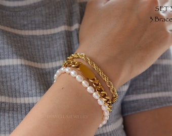 Gold Bracelet Pearl Bracelet, Vintage Mesh Bracelet, Cuban Link Bracelet WATERPROOF Jewelry Anti Tarnish Gold Chain Bracelet Gifts