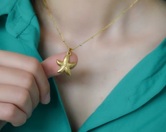 Gold Starfish Pendant, Seashell Necklaces, Beach Themed Summer Jewelry Star Fish Necklace and Earrings Gift for Her Mom Daughter Girl Mother