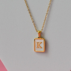 Gold Initial Pendant Letter Necklace, WATERPROOF Necklace Mother of Pearl Pendant, Gold Alphabet Zodiac Charm Necklace Tarnish Free Jewelry