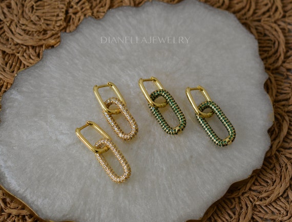Link Gold Filled Dangle Earrings, Double Hoop, Oval C Shape Jewelry Gift for Her, Mom, Women, Bridesmaid Emerald Crystal Handmade Earrings