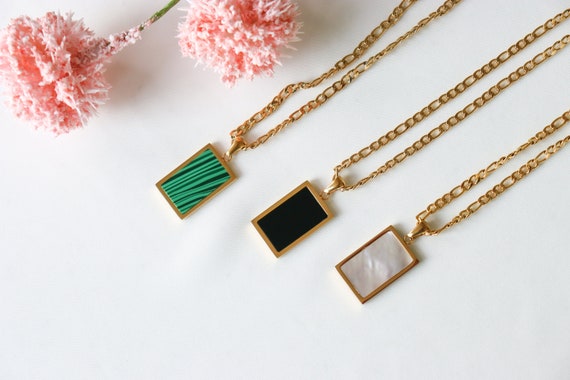 Gold Rectangle Square White Green Black Mother of Shell Pendant Willow Necklace PERSONALIZED Jewelry Figaro Chain WATERPROOF Necklace Gift