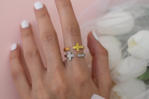 Gold Filled Cross Plus Sign Ring Silver Cross Rings No Size Dainty Religious Jesus Fidget Ring Engraving Statement Thumb Personalized Custom