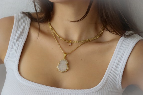 Gold FILLED White Buddha Necklace Vintage Choker SET · Buddhism Religious Jewelry Jade Buddha 2 Necklace Buddha Laughing WATERPROOF Jewelry