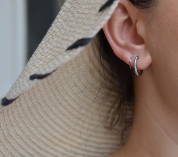 Silver Earrings · Double Hoop Piercing Earring Set · Twisted Stud Earrings Crystal Pave Stone Set Daily Wear Sterling Stainless Gift Jewelry
