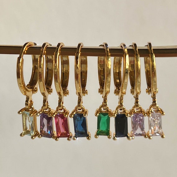 18K Gold Zircon Stone Earrings · Emerald Green Pink Drop Stone Earrings Colorful Dangle Hoop Earrings · WATERPROOF Jewelry Personalized Gift